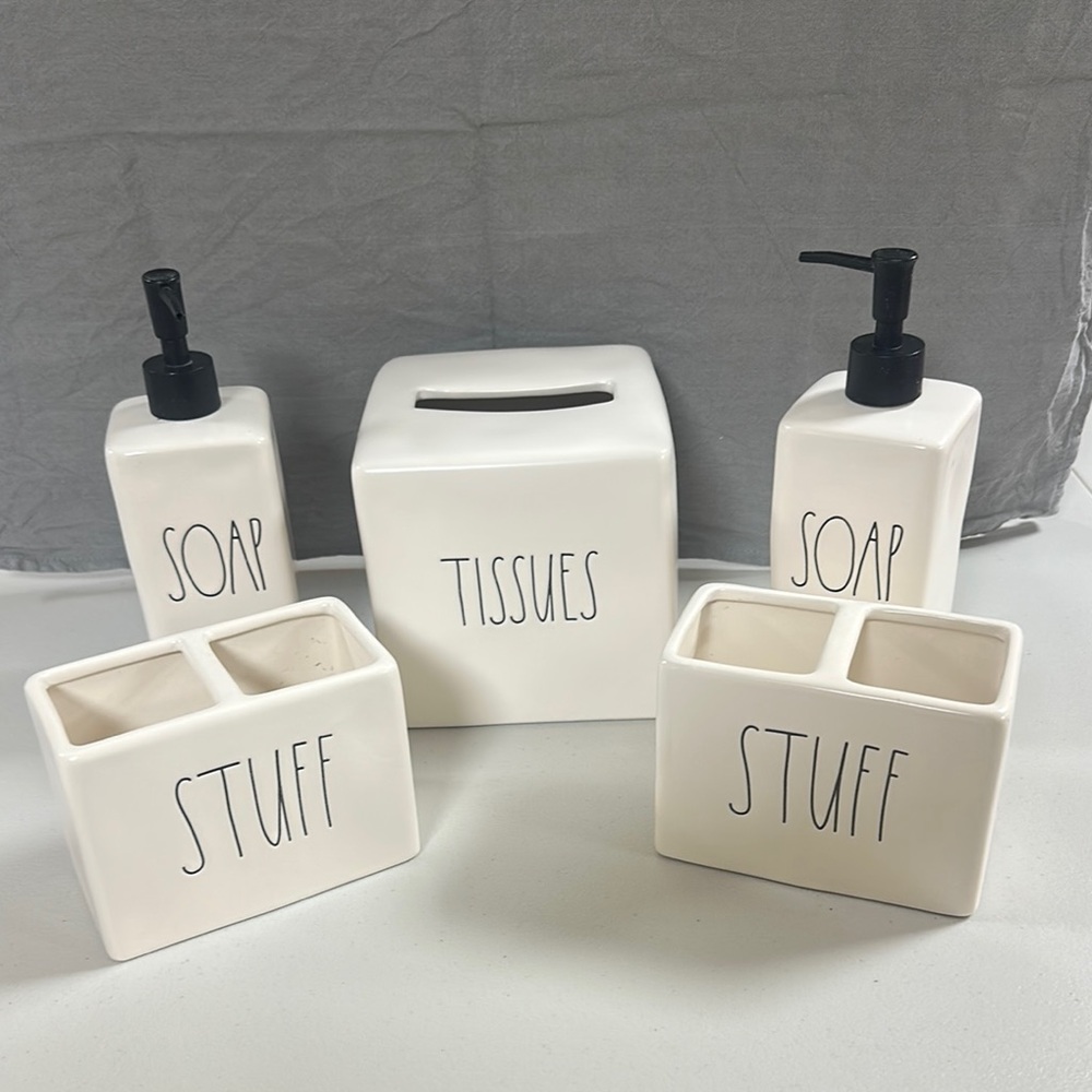 Rae Dunn White and Black Bath Accessories Set